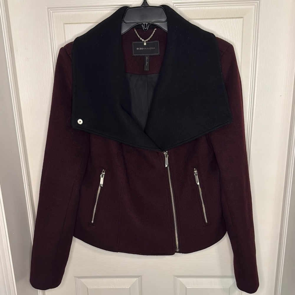BCBGMaxAzria Burgundy and Black Wool Coat